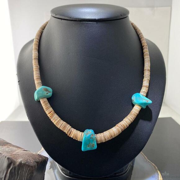 Vintage Native American Heishi Sea Shell Disk and Chunky Turquoise Necklace - Picture 1 of 11